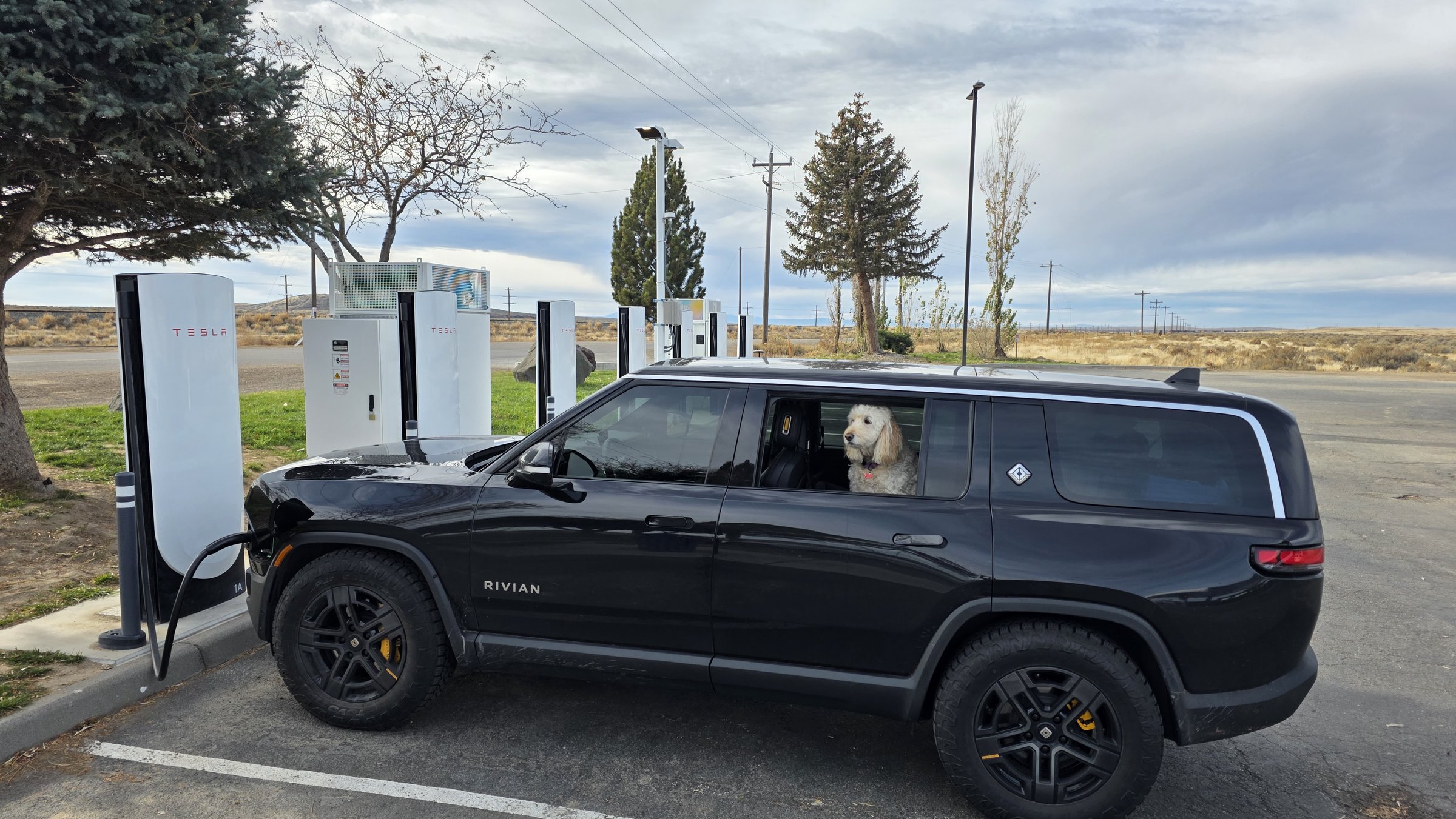 R1S at a Tesla Supercharger on the Snake River Plain with Korra in the window
