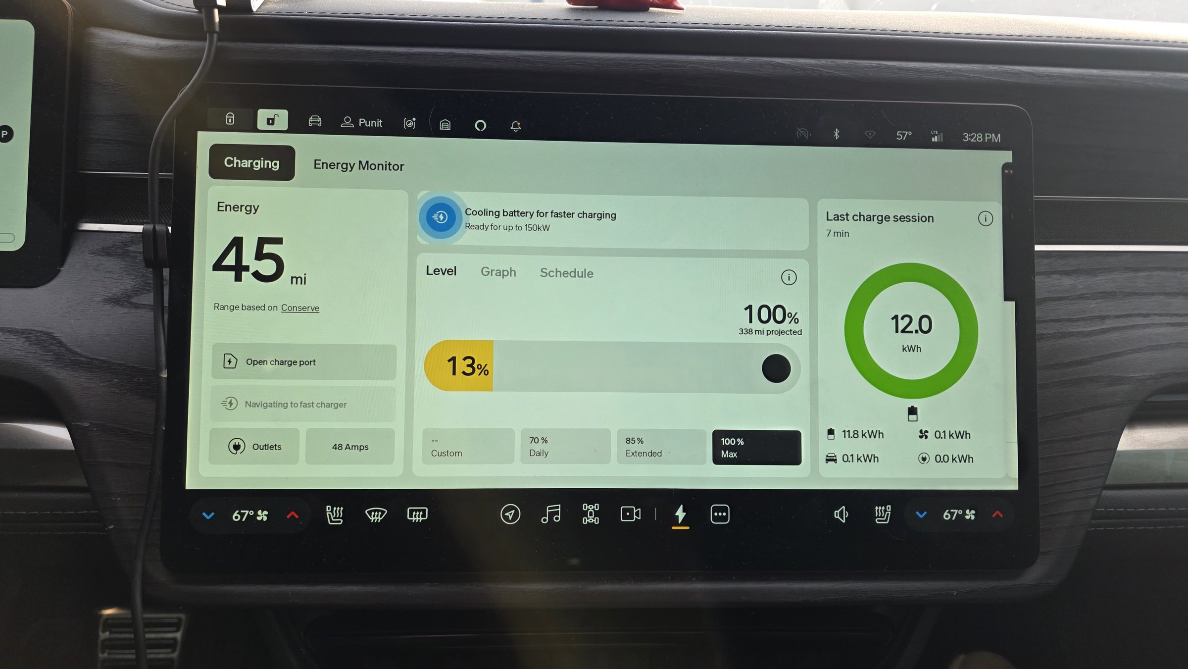 Rivian charging screen showing 13% battery at Burley, Idaho