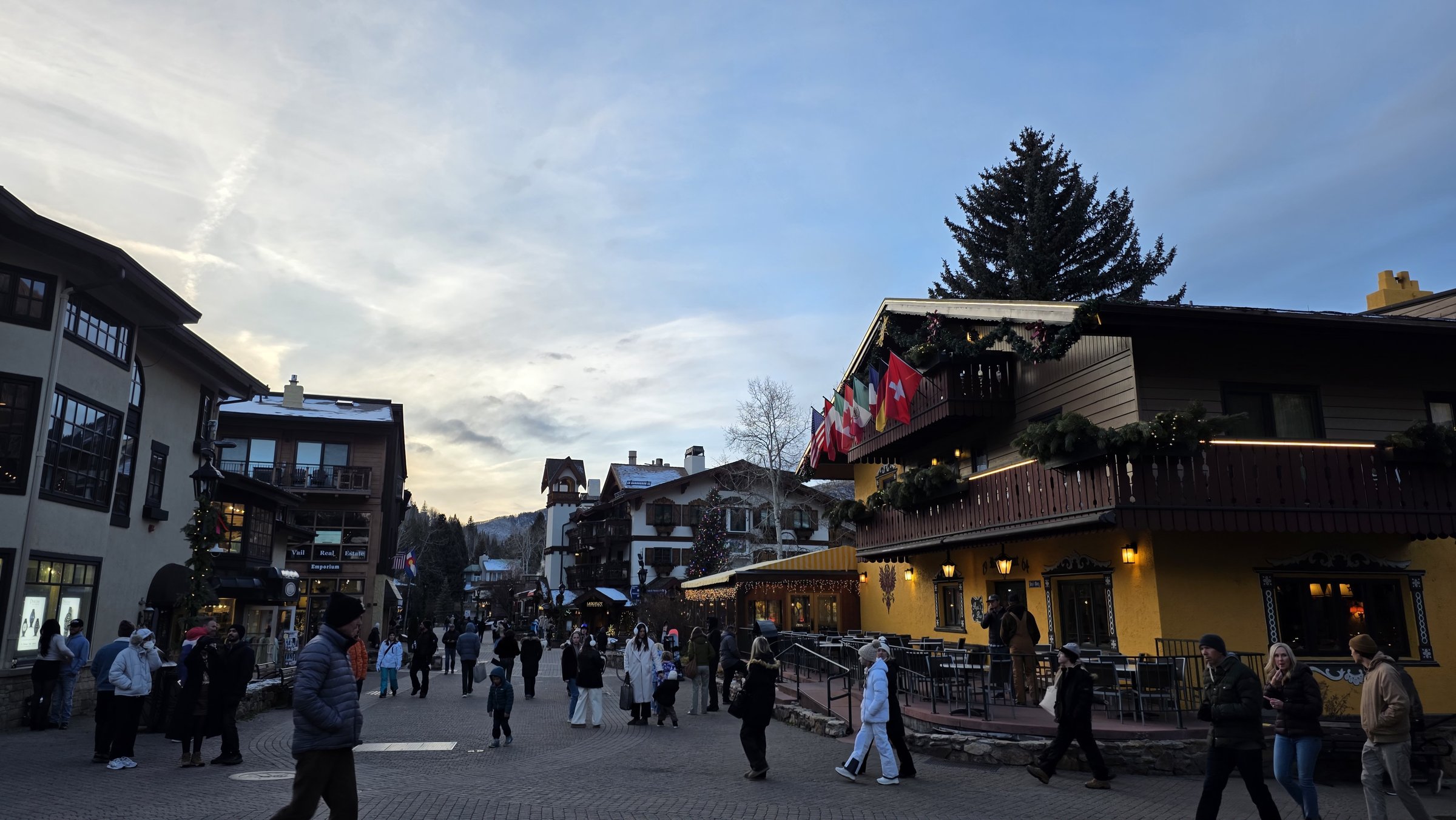 Vail Village pedestrian area with alpine buildings and holiday decorations