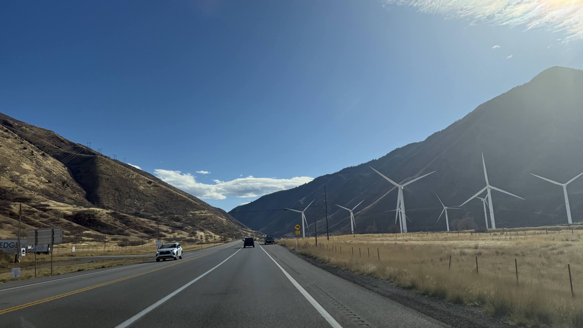 Spanish Fork Canyon with wind turbines and mountains